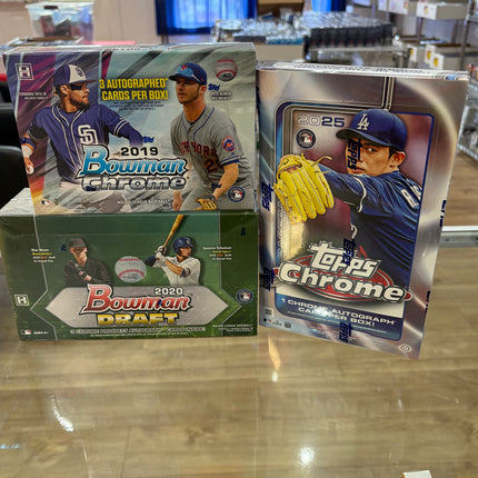 MLB #504 - PYT 2025 MLB 3 Year Mixer - 2019 Bowman Chrome HTA X1 Box, 2020 Bowman Draft Jumbo X1 Box, and 2025 Topps Chrome Hobby X1 Box